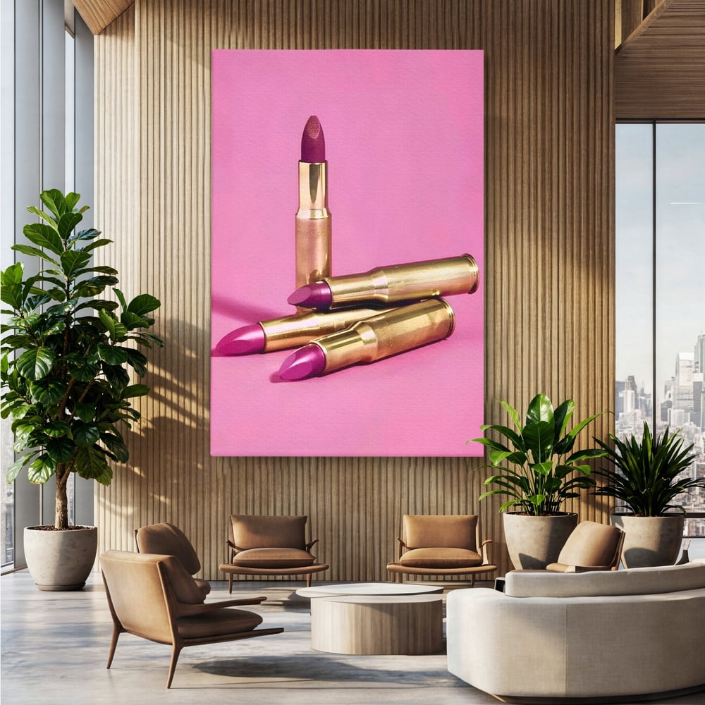 Tablou canvas cu tablou canvas cu rujuri in forme de cartuse pe fond roz, fara rama, pe sasiu de lemn, pe perete intr-un birou